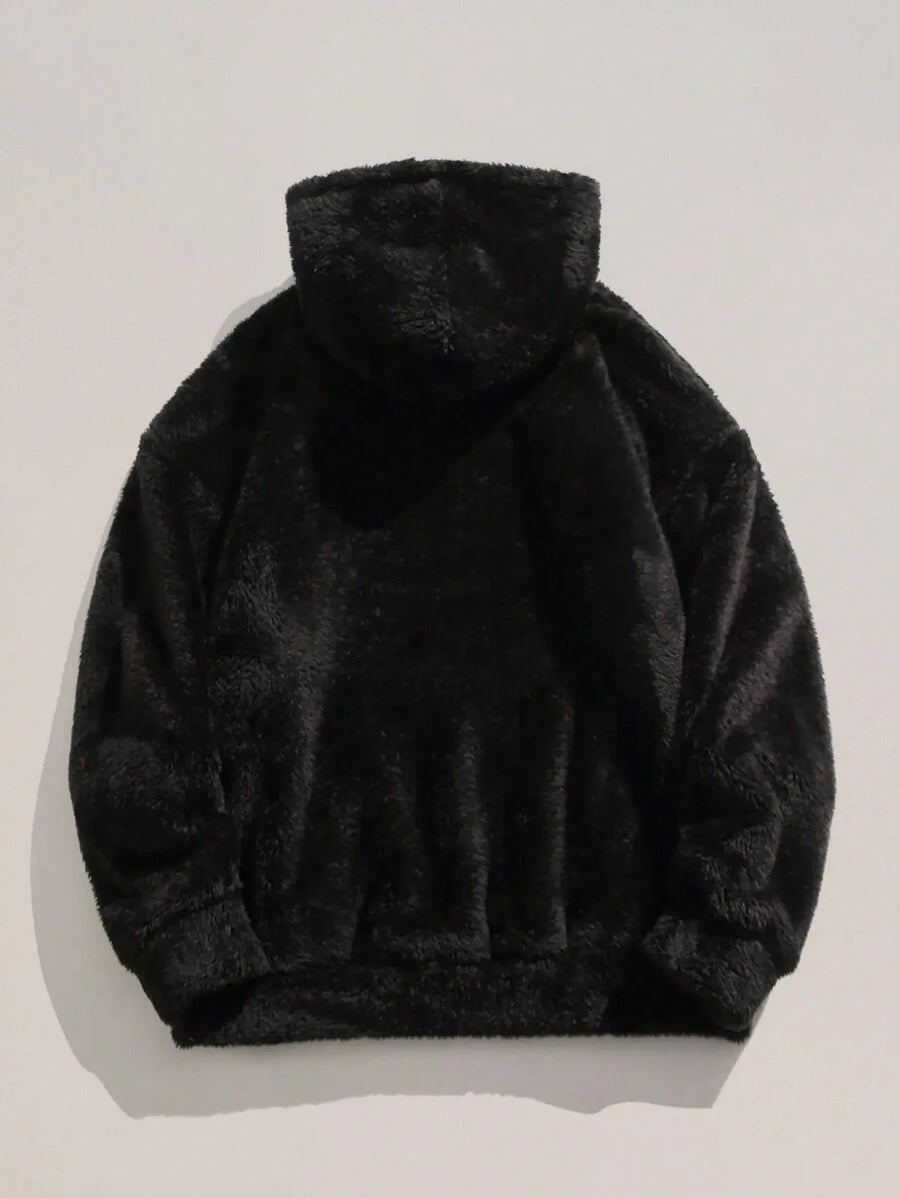 Black fuzzy flannel hoodie with drawstring and kangaroo pocket – ultra soft Japanese streetwear pullover
