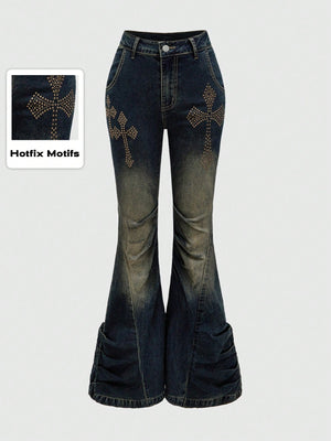 DARK GREY FLARE JEANS WITH RHINESTONE CROSS – JAPANESE GOTHIC STREET STYLE