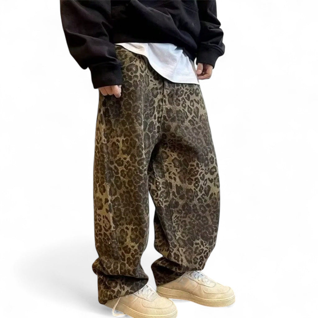 Brown leopard print denim pants with drawstring waist in loose streetwear style

