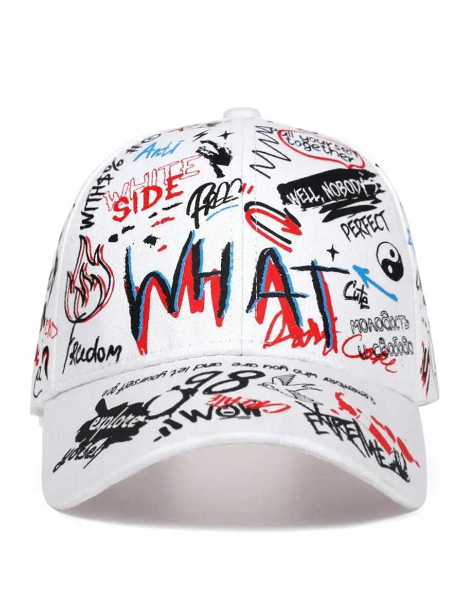Multicolor graffiti dad cap with all-over printed street graphics and curved brim, unisex Japanese streetwear cotton baseball hat