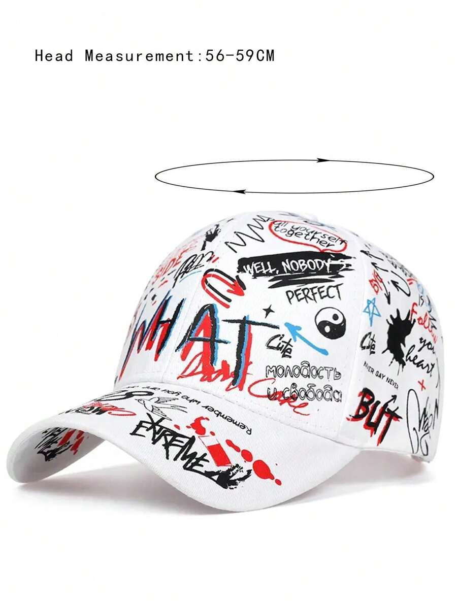 Multicolor graffiti dad cap with all-over printed street graphics and curved brim, unisex Japanese streetwear cotton baseball hat
