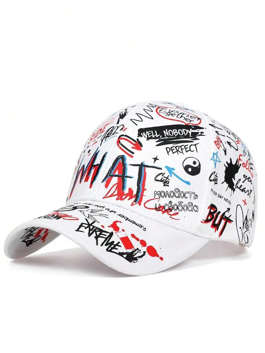 Multicolor graffiti dad cap with all-over printed street graphics and curved brim, unisex Japanese streetwear cotton baseball hat