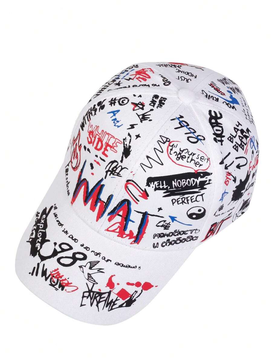Multicolor graffiti dad cap with all-over printed street graphics and curved brim, unisex Japanese streetwear cotton baseball hat