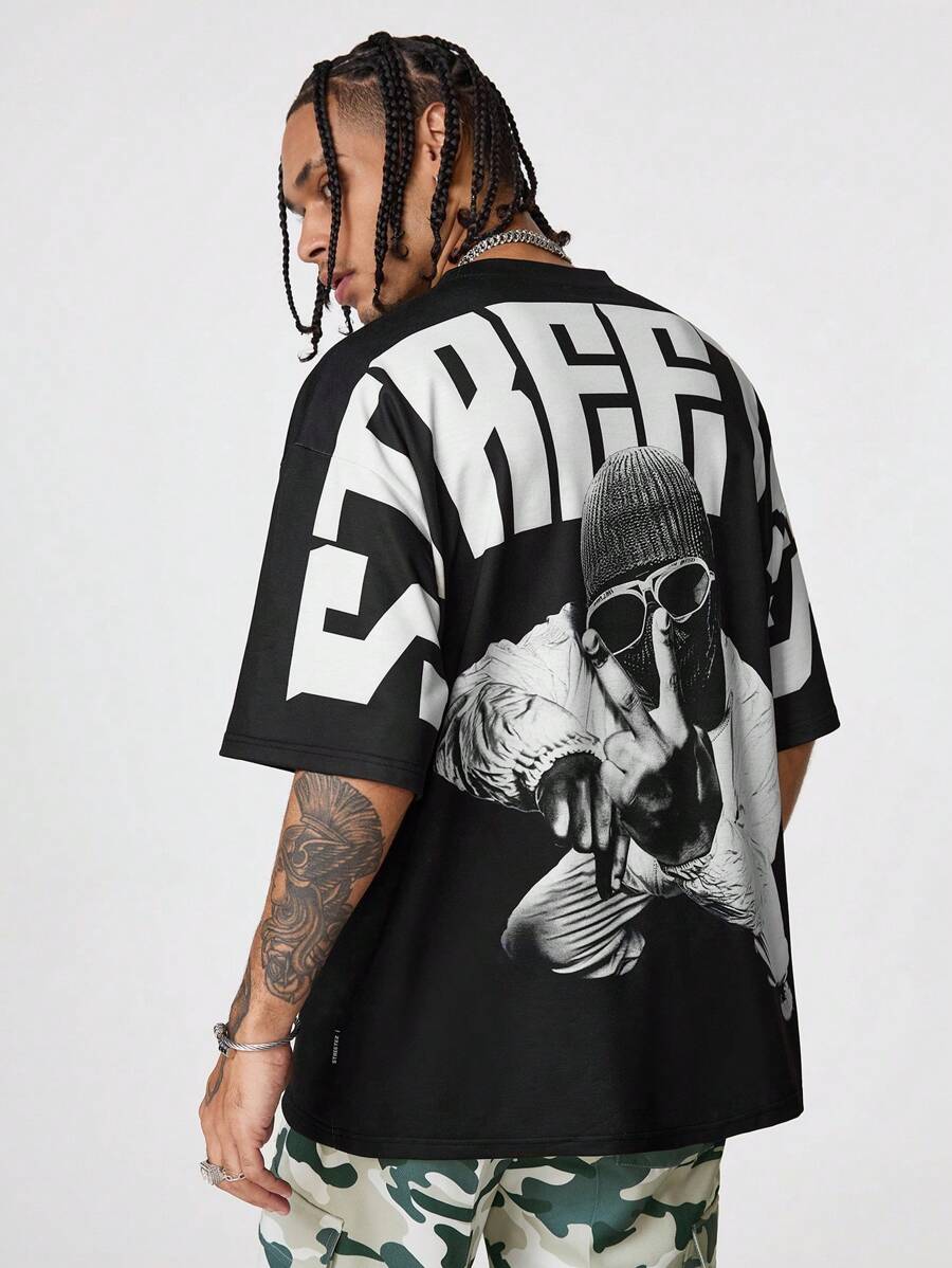 Japanese streetwear oversized graphic tee black gothic punk drop shoulder t-shirt Harajuku style