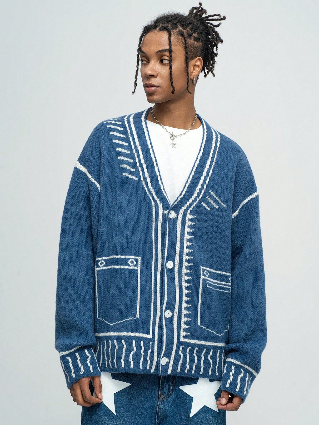 Japanese streetwear knit cardigan navy blue geometric striped v-neck drop shoulder preppy casual fashion