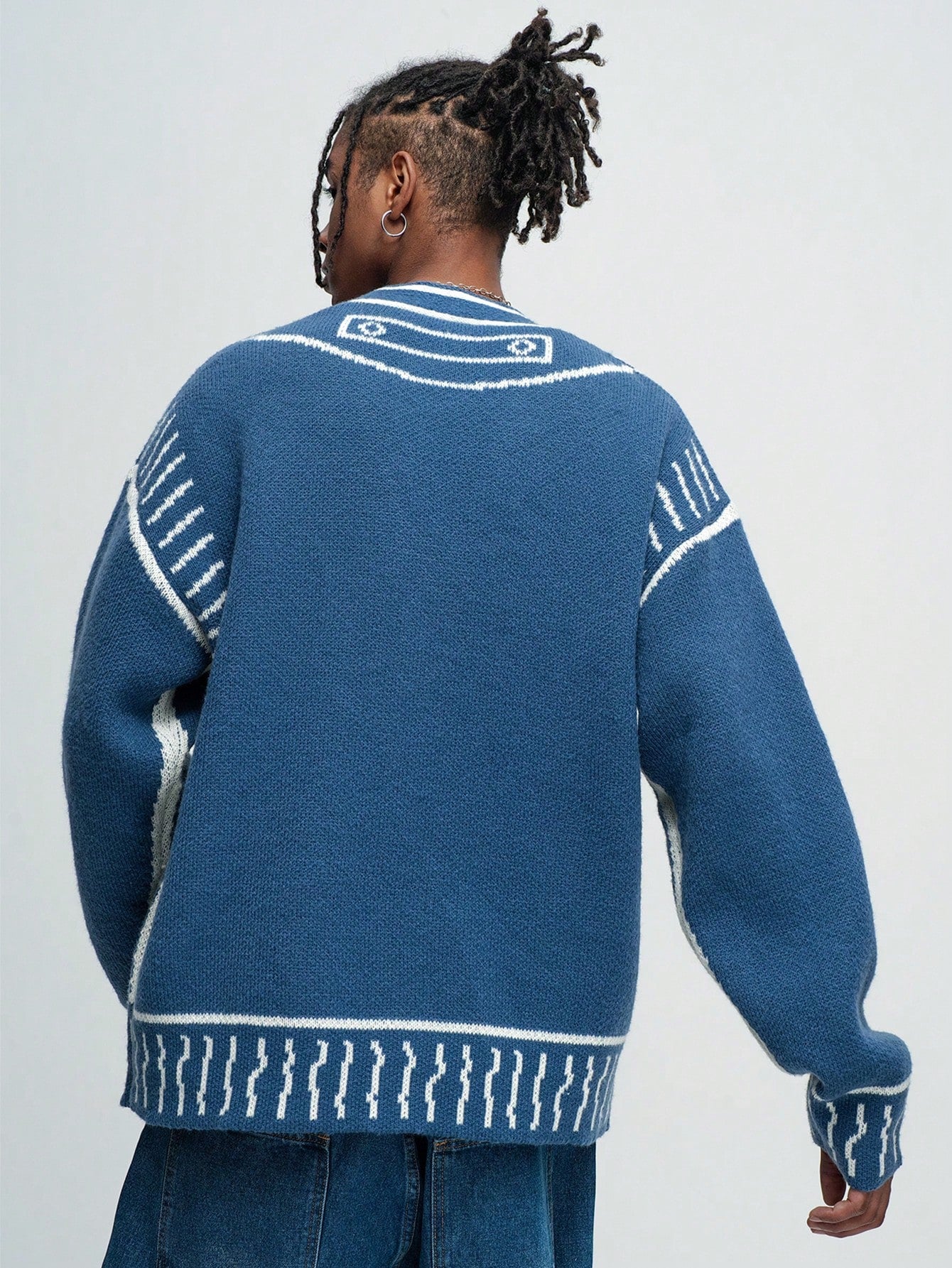 Japanese streetwear knit cardigan navy blue geometric striped v-neck drop shoulder preppy casual fashion