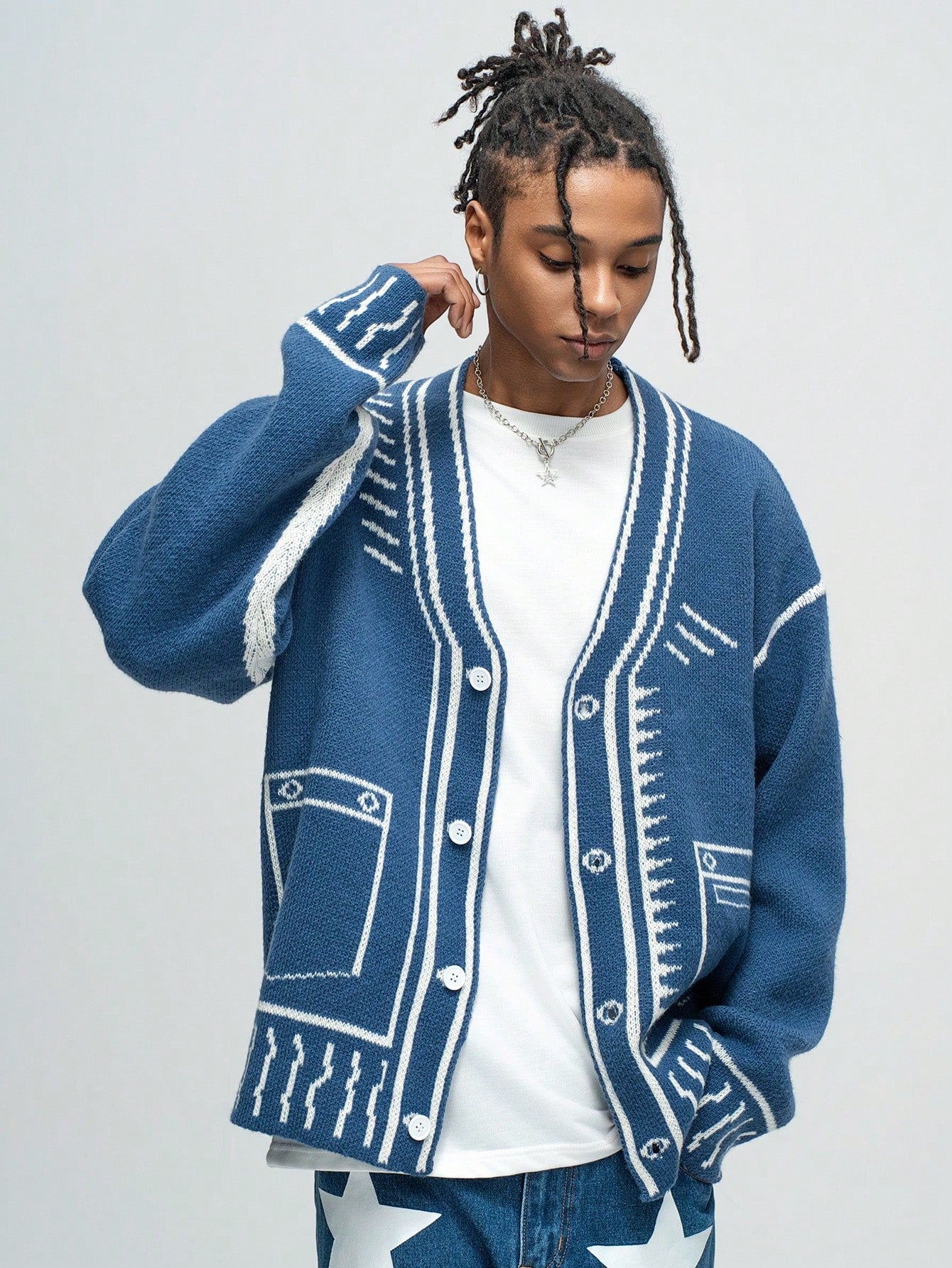 Japanese streetwear knit cardigan navy blue geometric striped v-neck drop shoulder preppy casual fashion