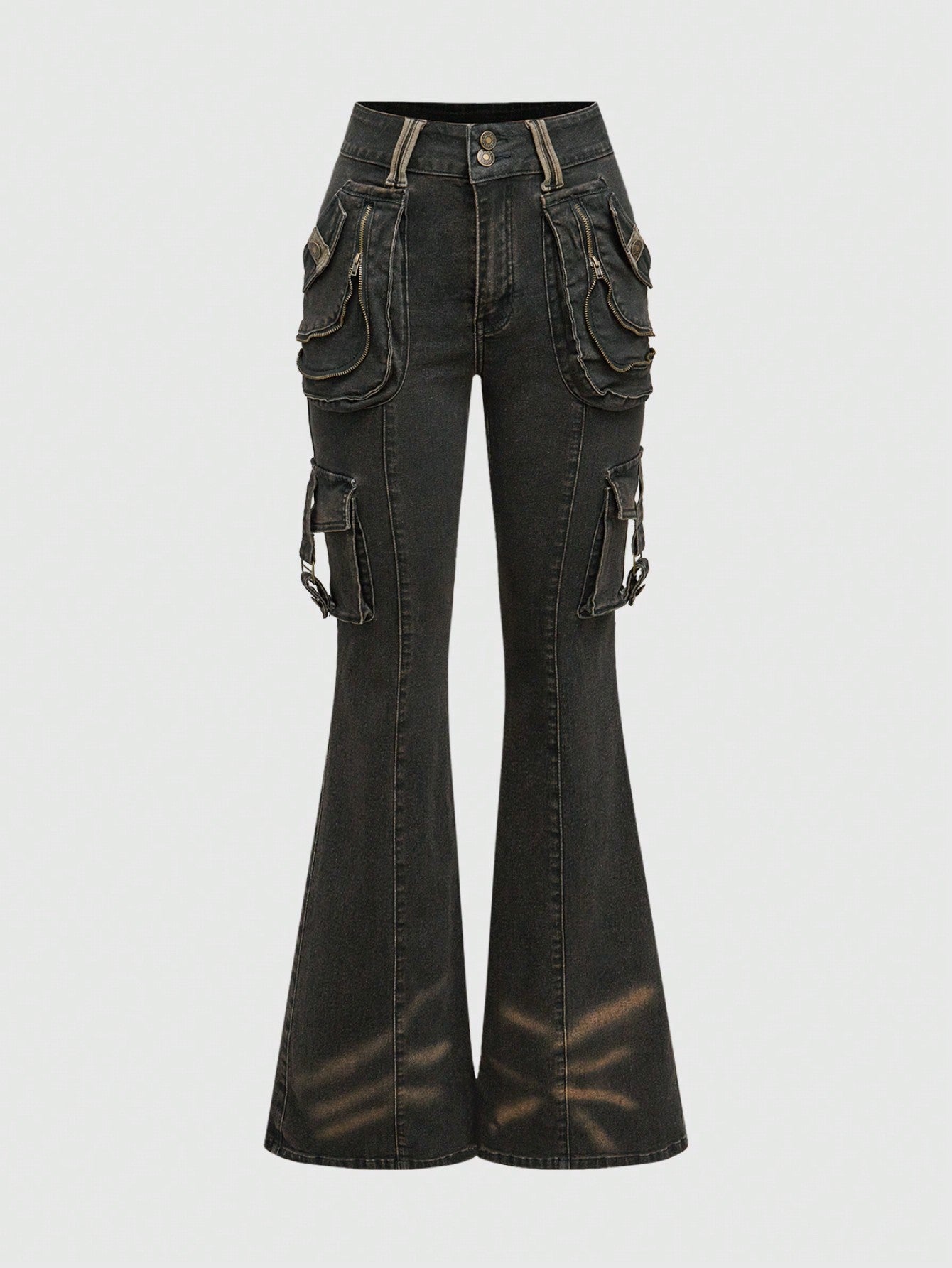 LOW-WAIST FLARE CARGO JEANS – Y2K JAPANESE STREETWEAR BOOTCUT DENIM