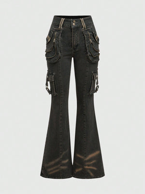 LOW-WAIST FLARE CARGO JEANS – Y2K JAPANESE STREETWEAR BOOTCUT DENIM