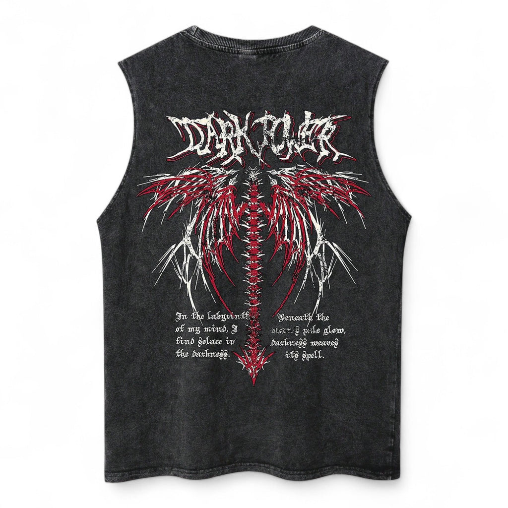 Sleeveless Gothic Dark Power Shirt with Winged Spine Graphic and Horror Verse – Japanese Streetwear Tank