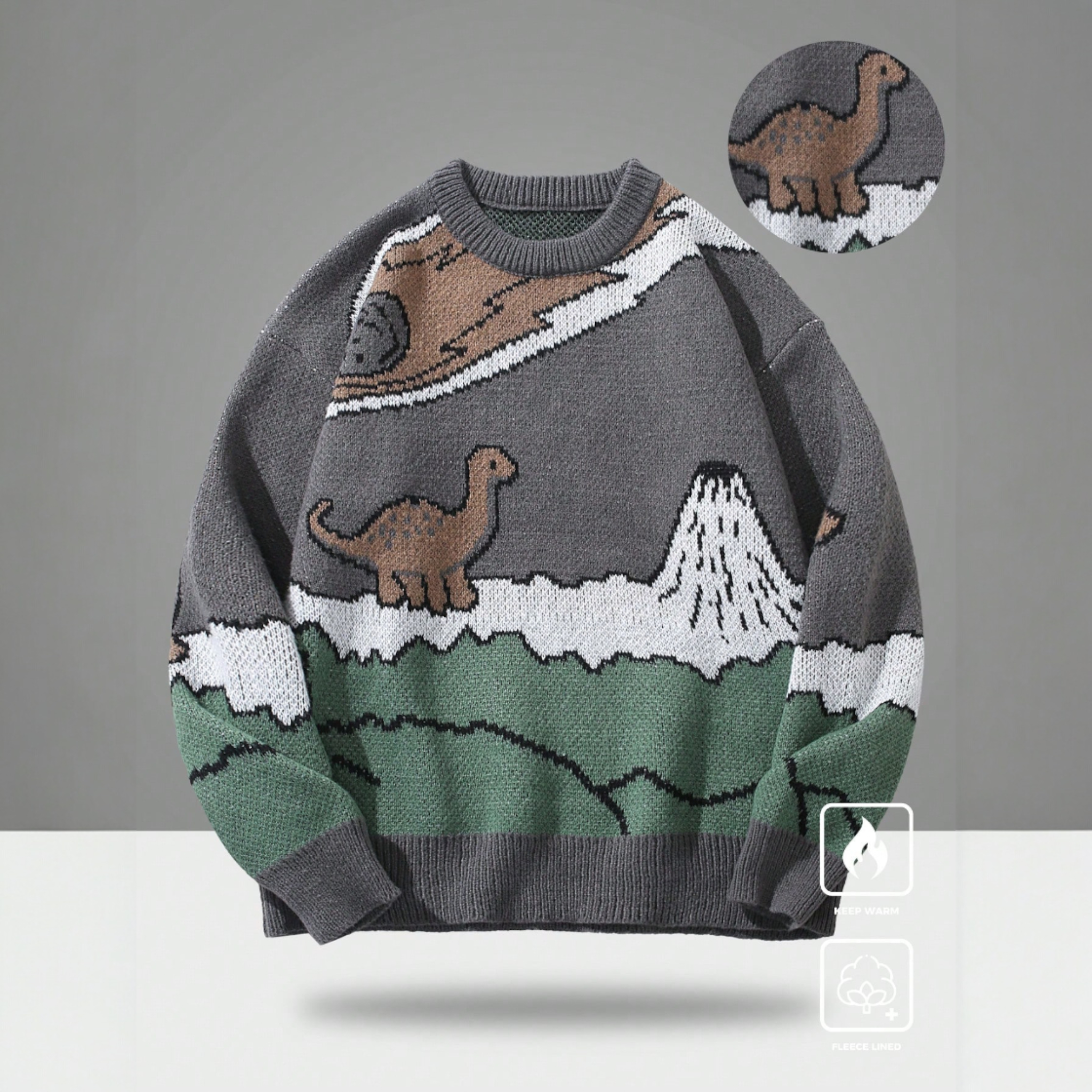 Japanese streetwear dinosaur knit sweater grey cartoon pullover drop shoulder Harajuku kawaii street fashion