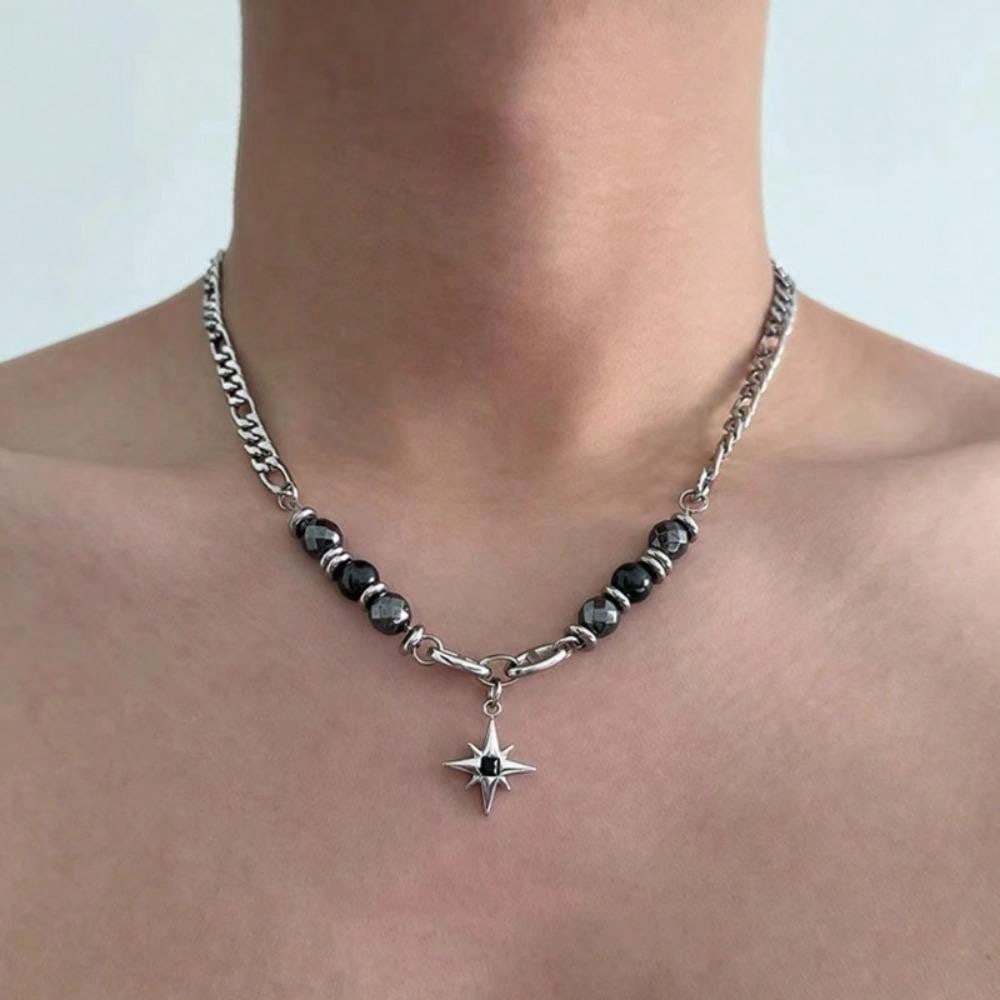 Unisex minimalist necklace with silver star pendant and black beads, stainless steel streetwear accessory

