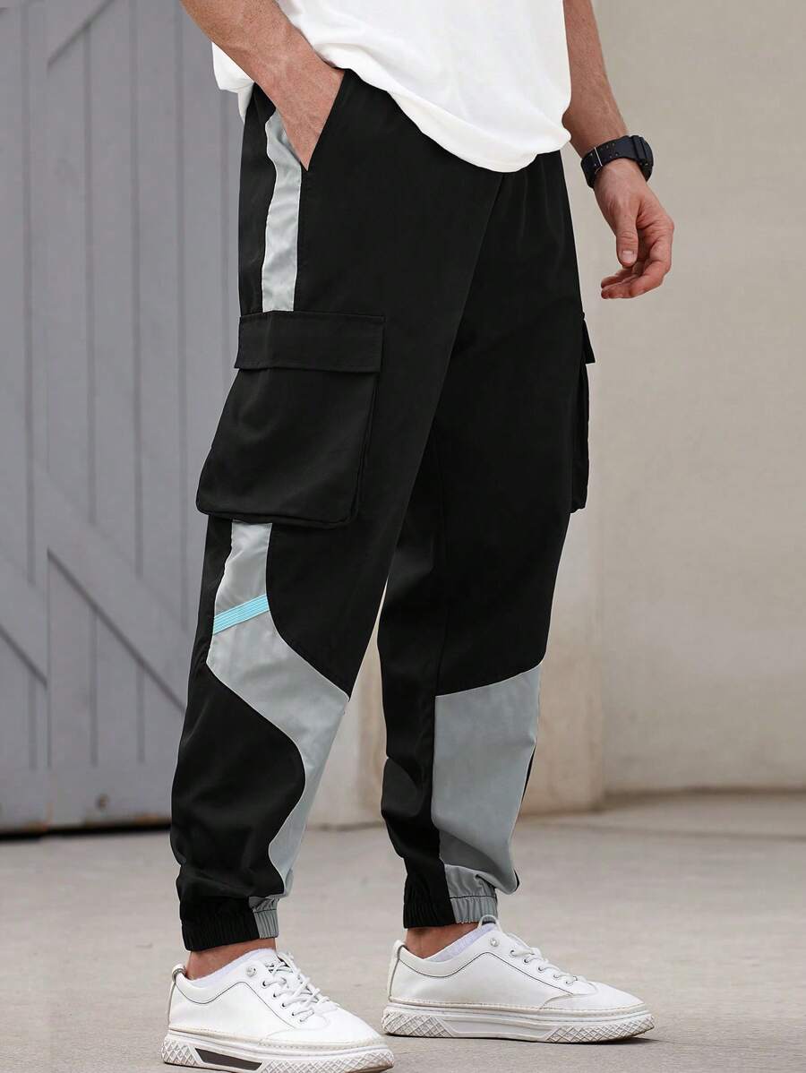 Men’s Japanese streetwear jogger pants with colorblock design and cargo pockets