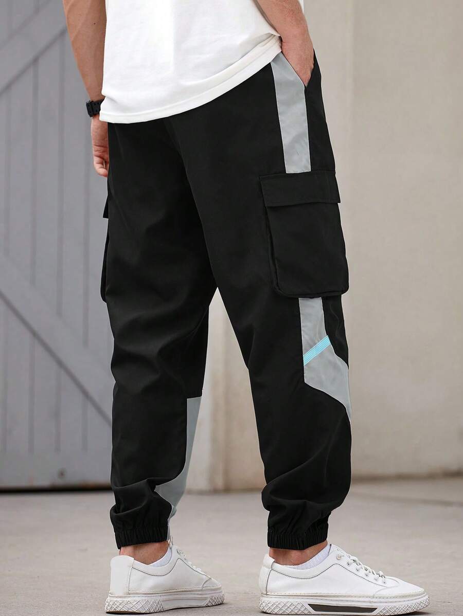 Men’s Japanese streetwear jogger pants with colorblock design and cargo pockets