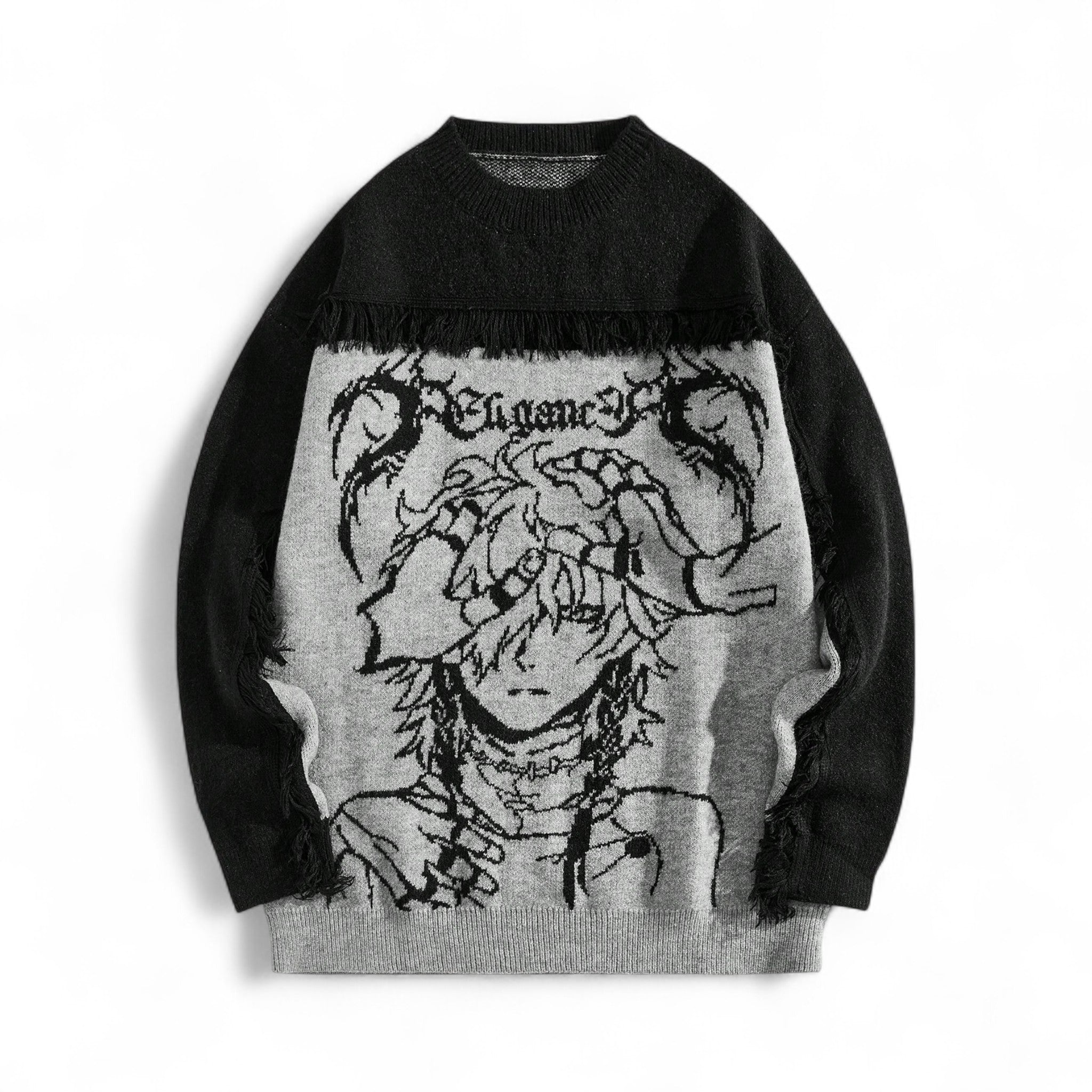 Japanese streetwear grey knit pullover – gothic anime graphic drop shoulder distressed sweater