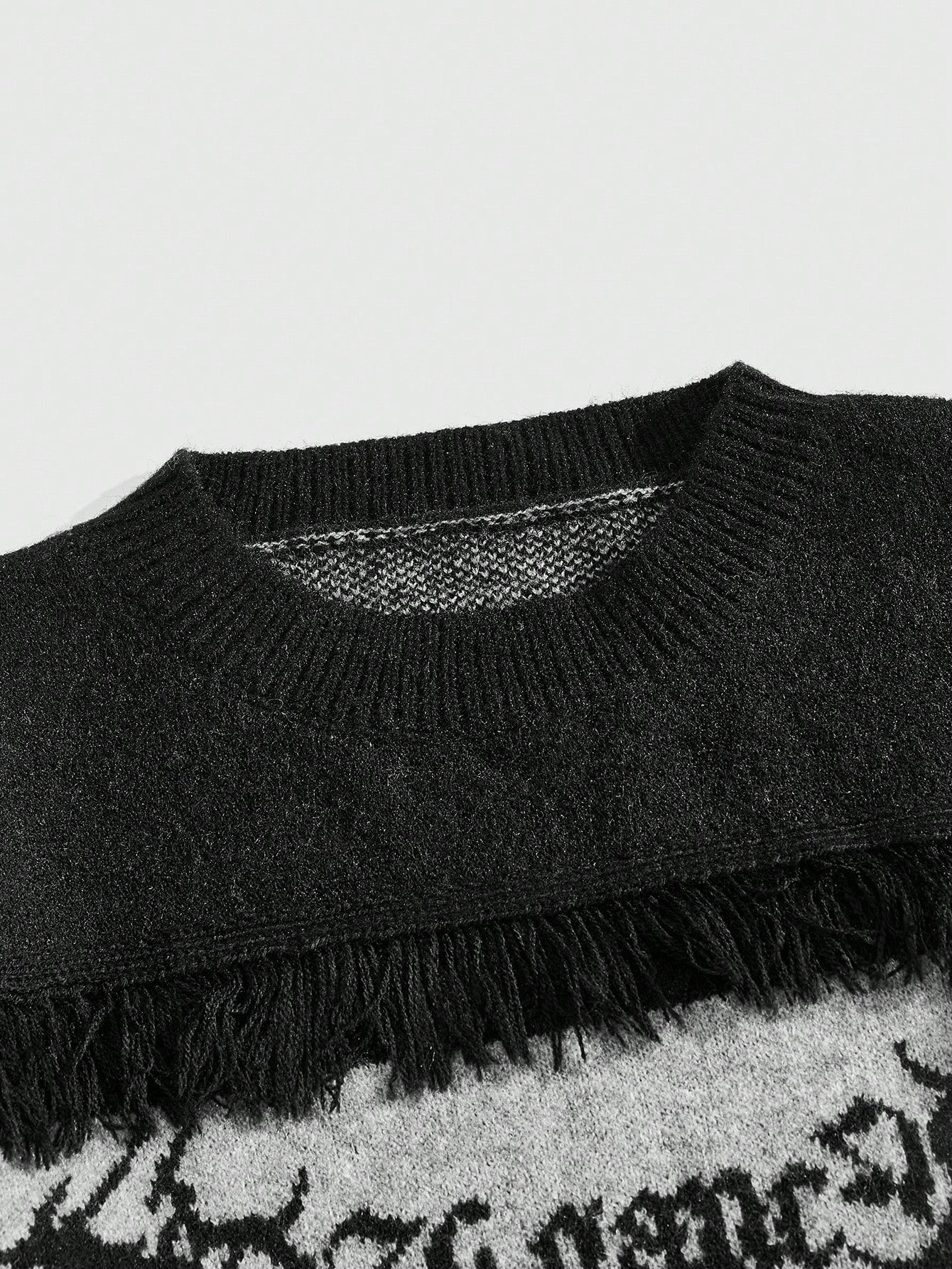 Japanese streetwear grey knit pullover – gothic anime graphic drop shoulder distressed sweater