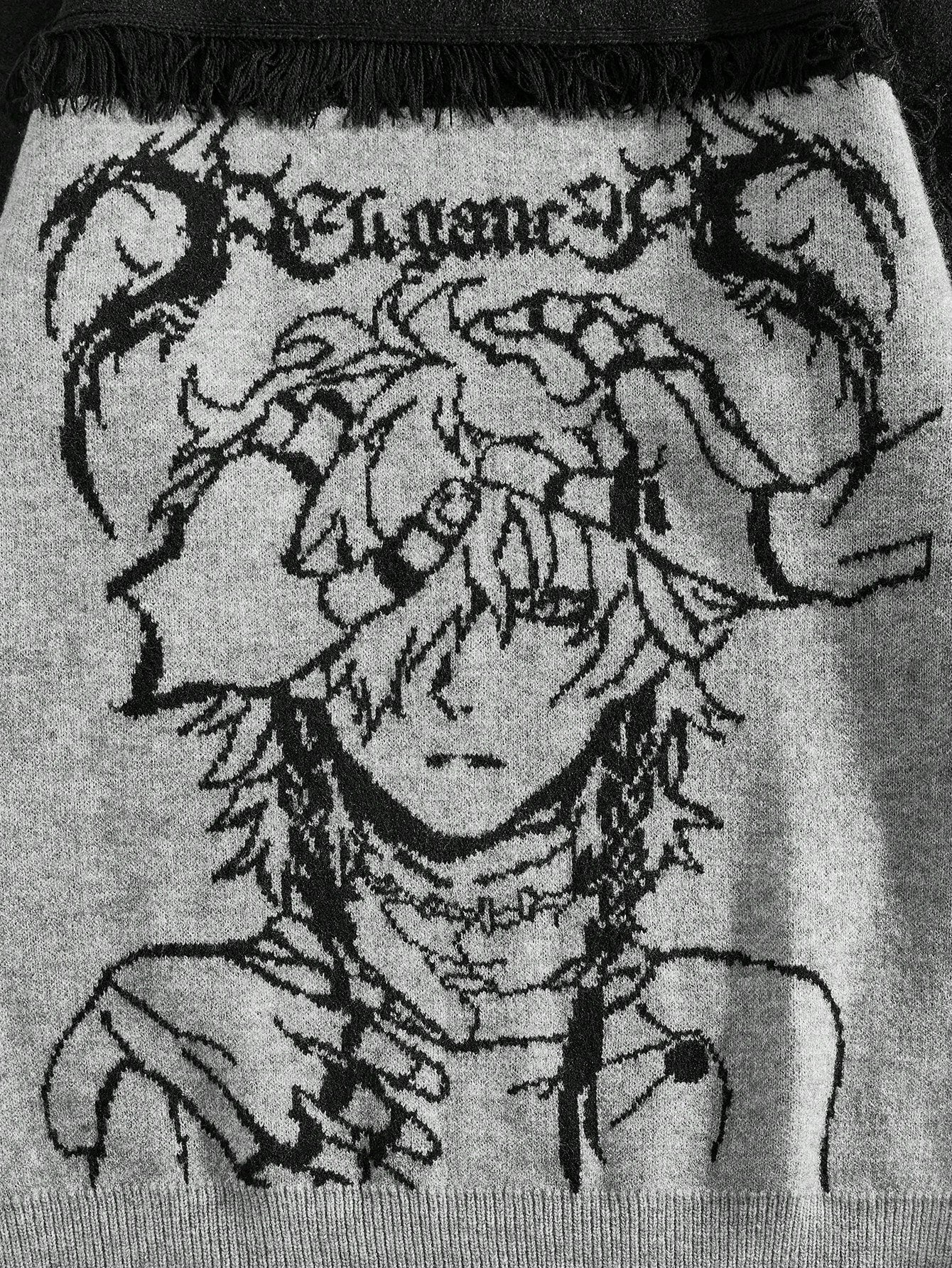 Japanese streetwear grey knit pullover – gothic anime graphic drop shoulder distressed sweater