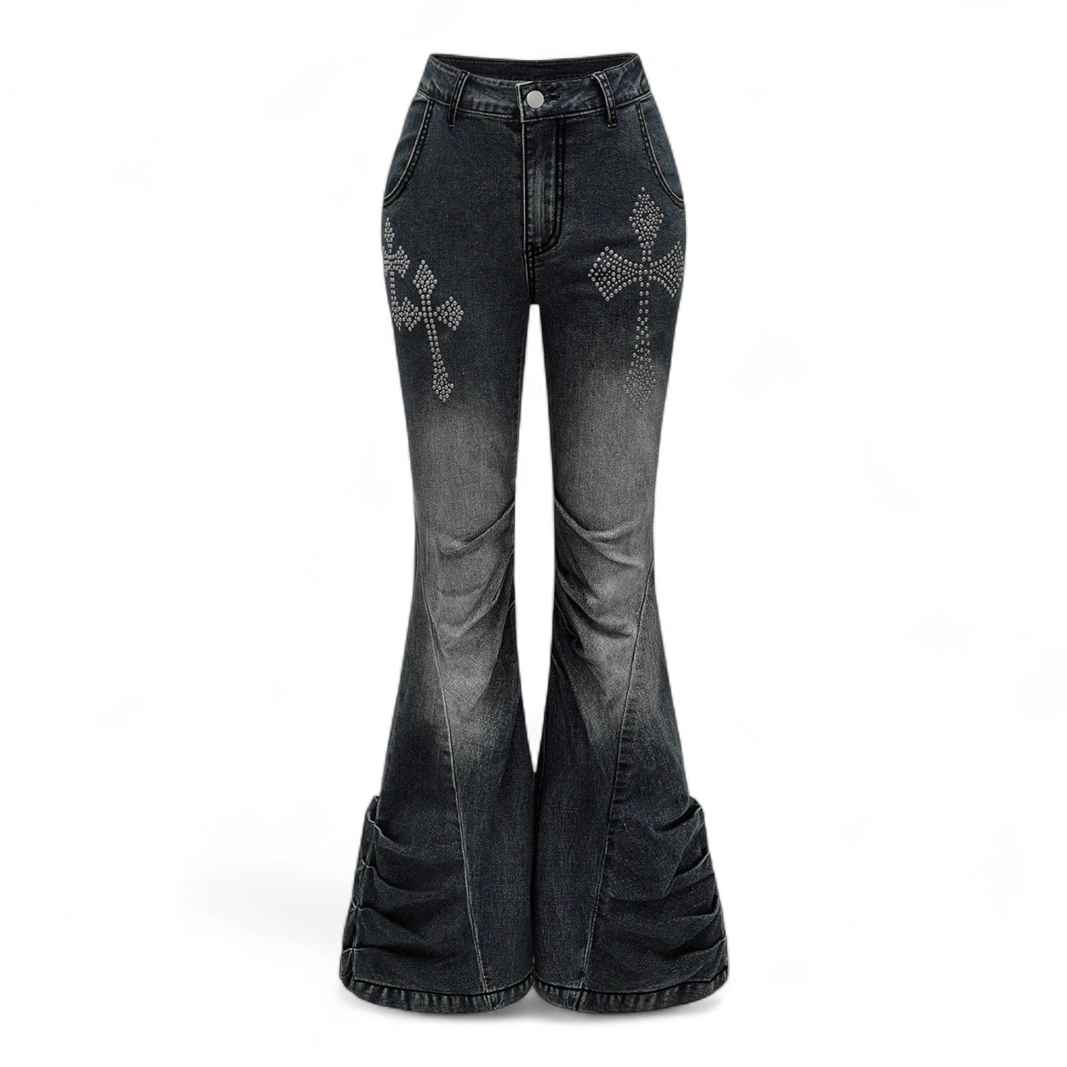 DARK GREY FLARE JEANS WITH RHINESTONE CROSS – JAPANESE GOTHIC STREET STYLE