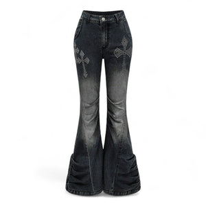 DARK GREY FLARE JEANS WITH RHINESTONE CROSS – JAPANESE GOTHIC STREET STYLE