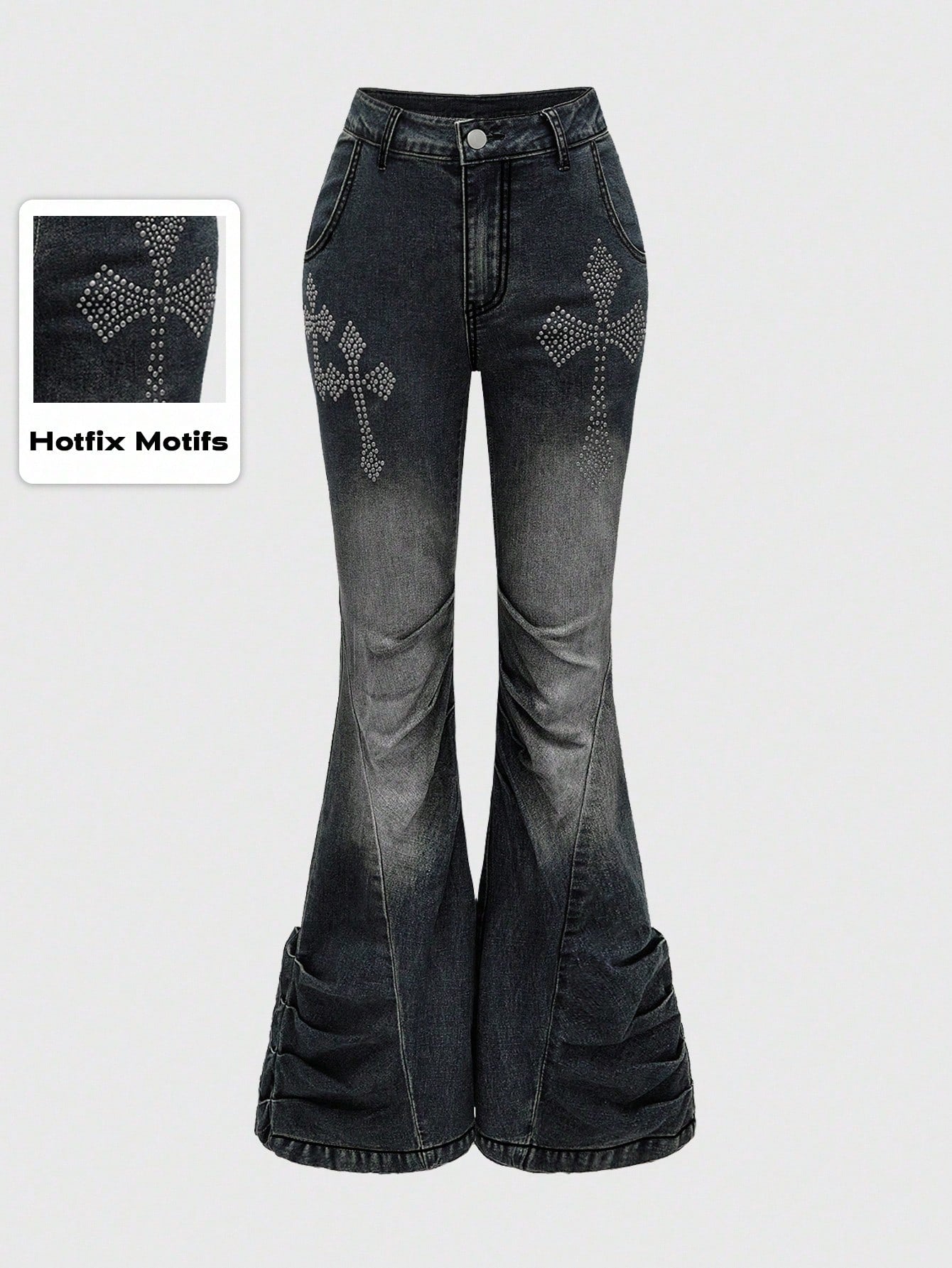 DARK GREY FLARE JEANS WITH RHINESTONE CROSS – JAPANESE GOTHIC STREET STYLE