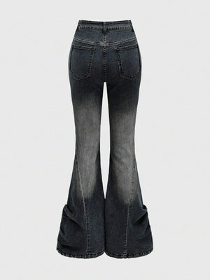 DARK GREY FLARE JEANS WITH RHINESTONE CROSS – JAPANESE GOTHIC STREET STYLE