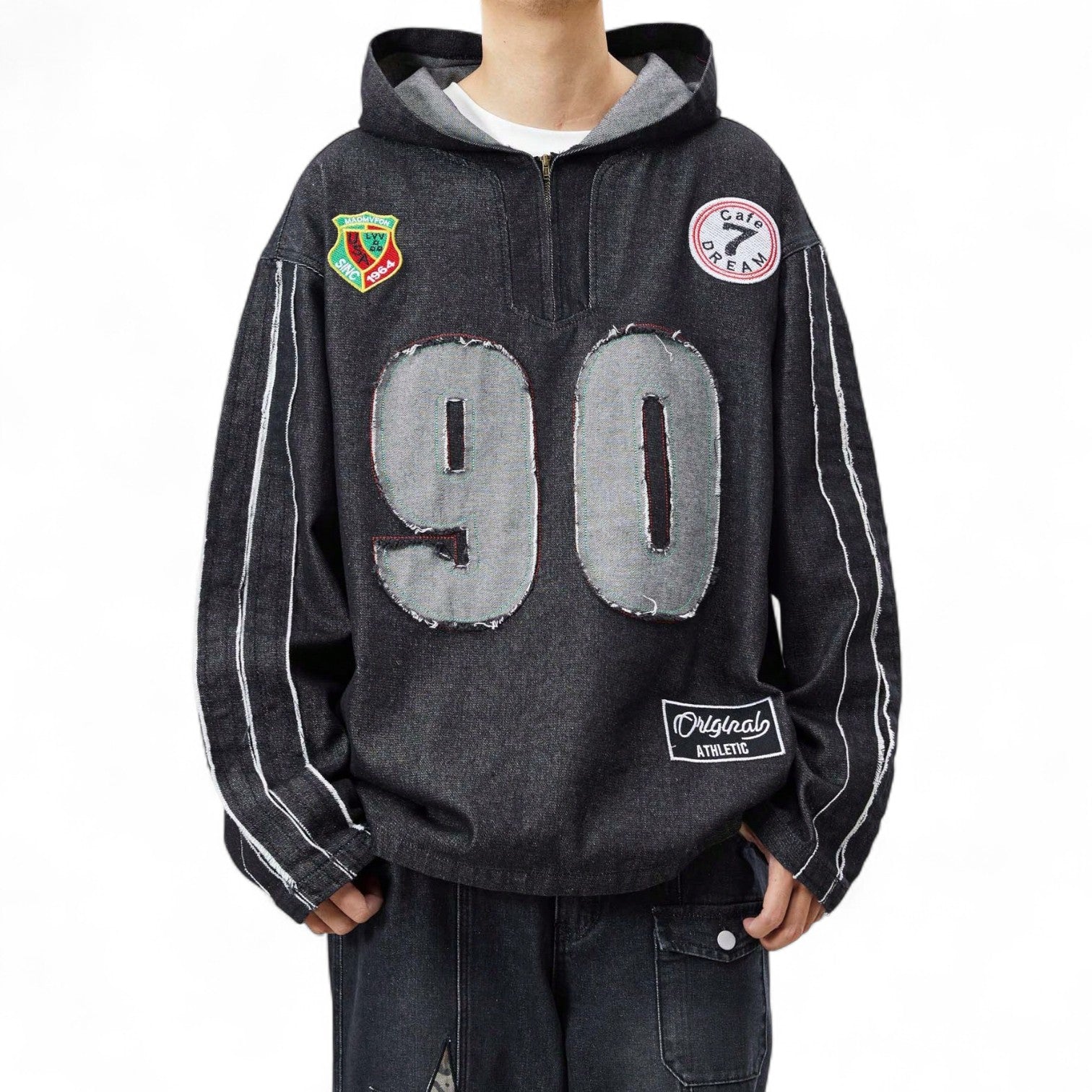 Black denim hoodie with vintage ‘90’ patch and slogan – Japanese streetwear with athletic grunge style