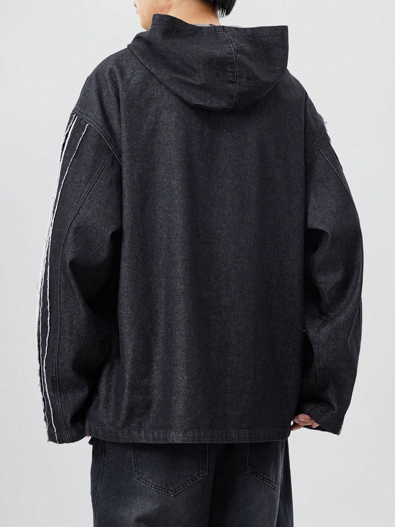 Black denim hoodie with vintage ‘90’ patch and slogan – Japanese streetwear with athletic grunge style