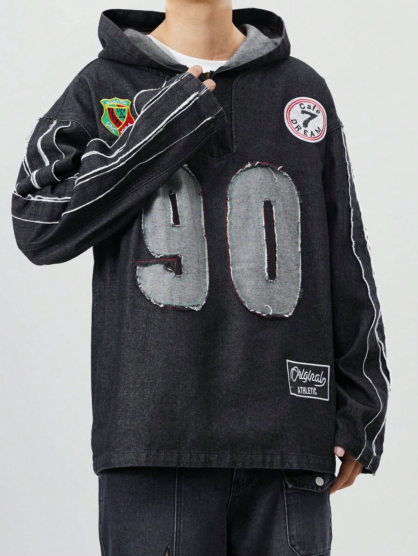 Black denim hoodie with vintage ‘90’ patch and slogan – Japanese streetwear with athletic grunge style