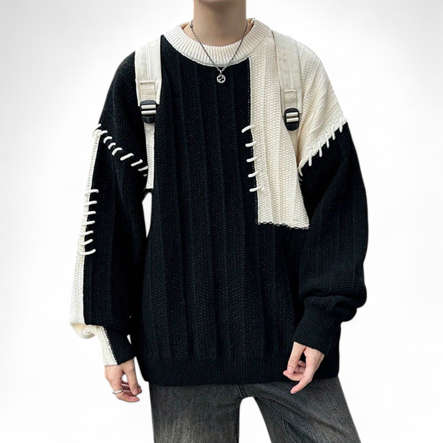 Japanese streetwear black and white colorblock pullover – drop shoulder loose knit sweater with contrast binding
