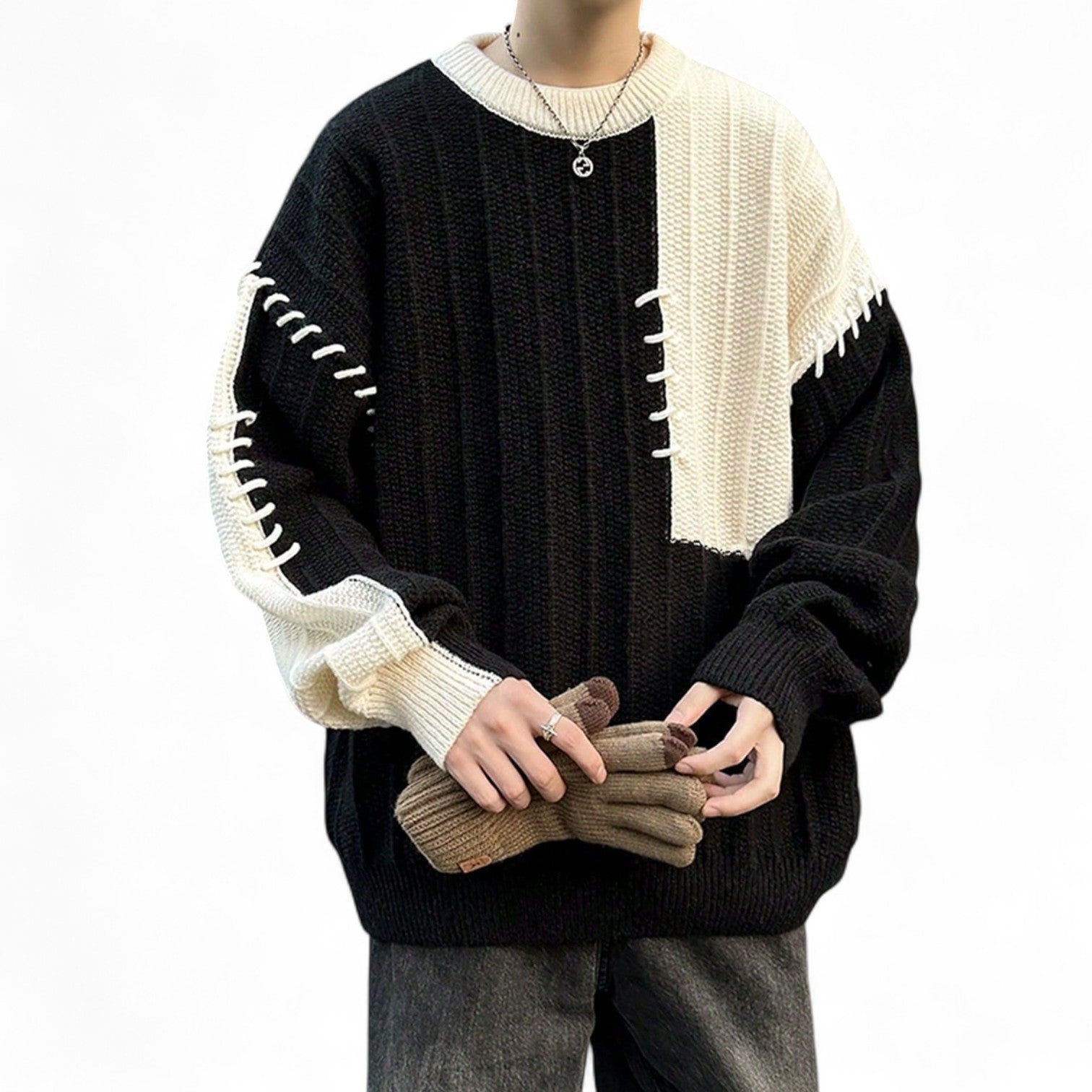 Japanese streetwear black and white colorblock pullover – drop shoulder loose knit sweater with contrast binding