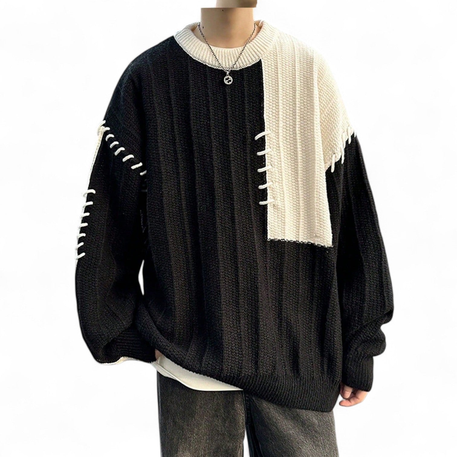 Japanese streetwear black and white colorblock pullover – drop shoulder loose knit sweater with contrast binding