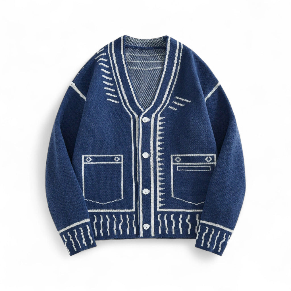 Japanese streetwear knit cardigan navy blue geometric striped v-neck drop shoulder preppy casual fashion