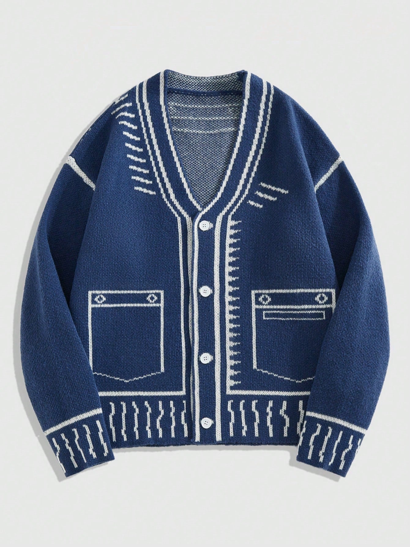 Japanese streetwear knit cardigan navy blue geometric striped v-neck drop shoulder preppy casual fashion