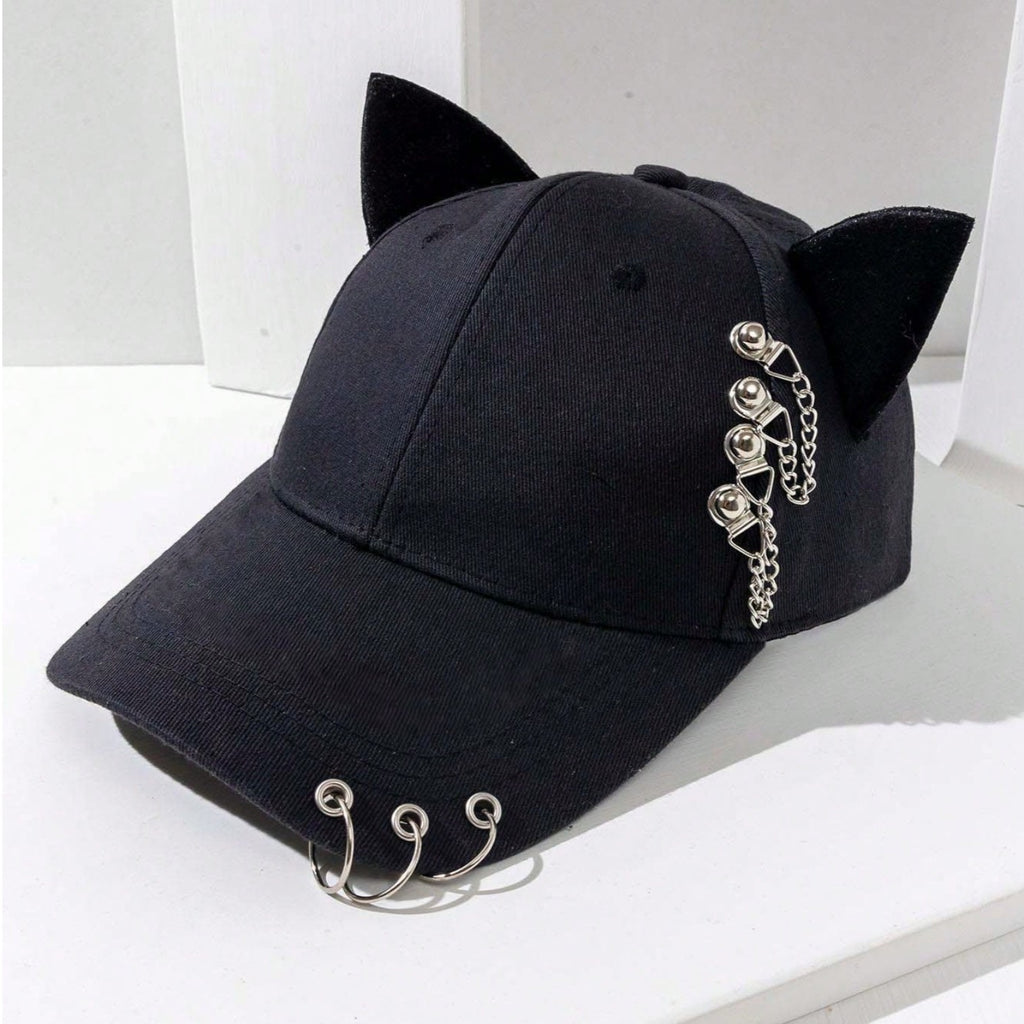 Black cat ear baseball cap with metal rings and chain, pierced curved brim gothic dad cap for women, kawaii punk hat

