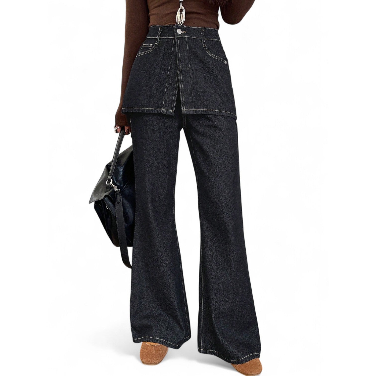 DARK WASH DENIM FLARE PANTS WITH SKIRT PANEL – JAPANESE STREETWEAR LAYERED STYLE