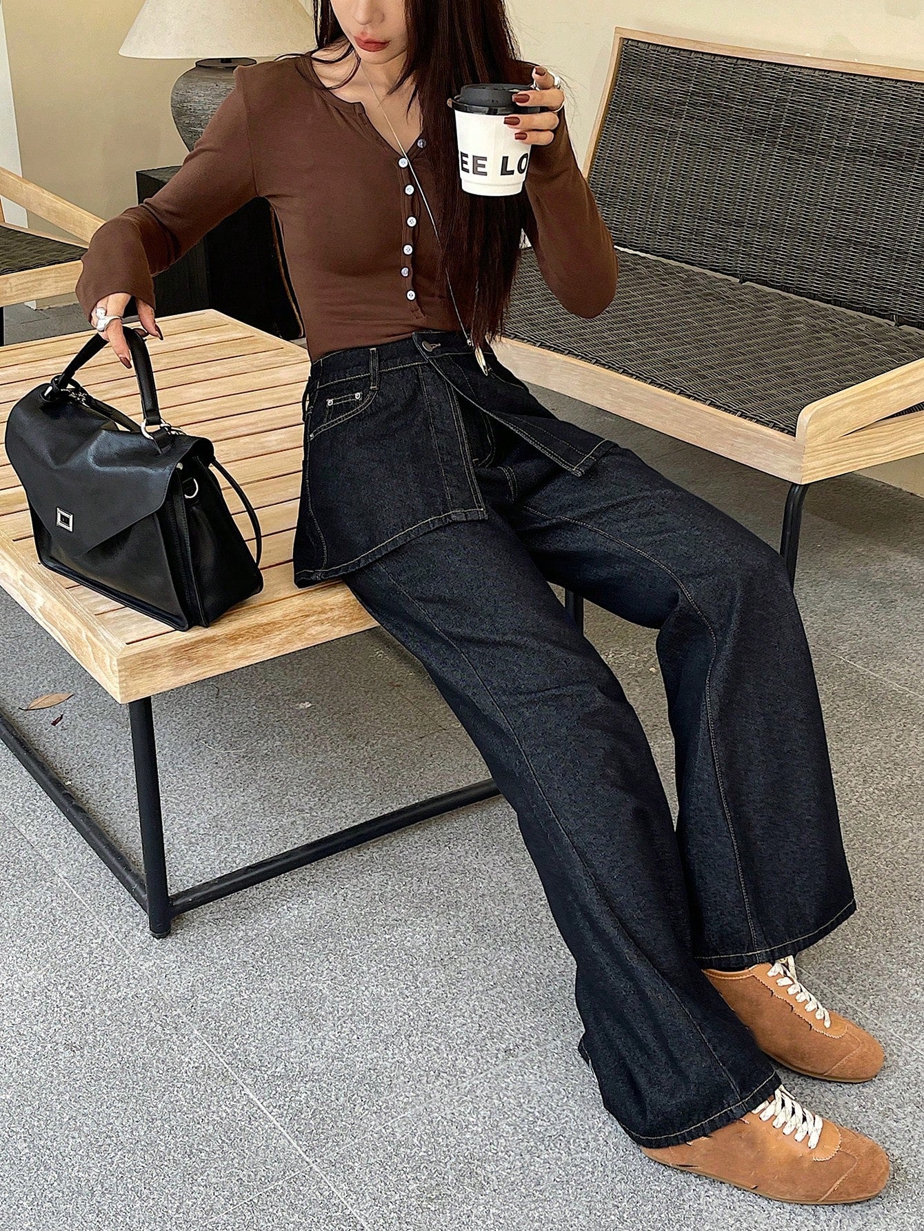 DARK WASH DENIM FLARE PANTS WITH SKIRT PANEL – JAPANESE STREETWEAR LAYERED STYLE