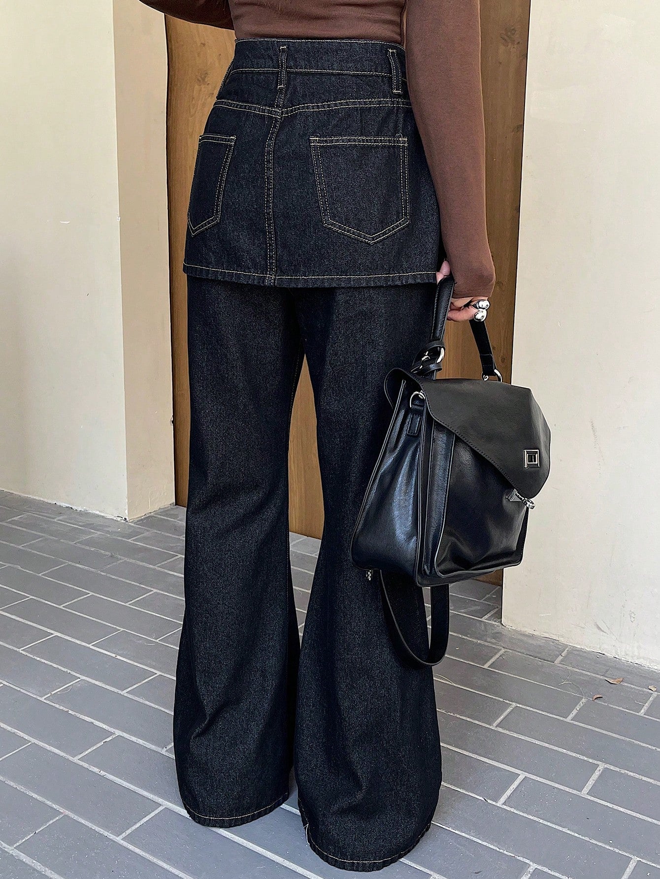 DARK WASH DENIM FLARE PANTS WITH SKIRT PANEL – JAPANESE STREETWEAR LAYERED STYLE