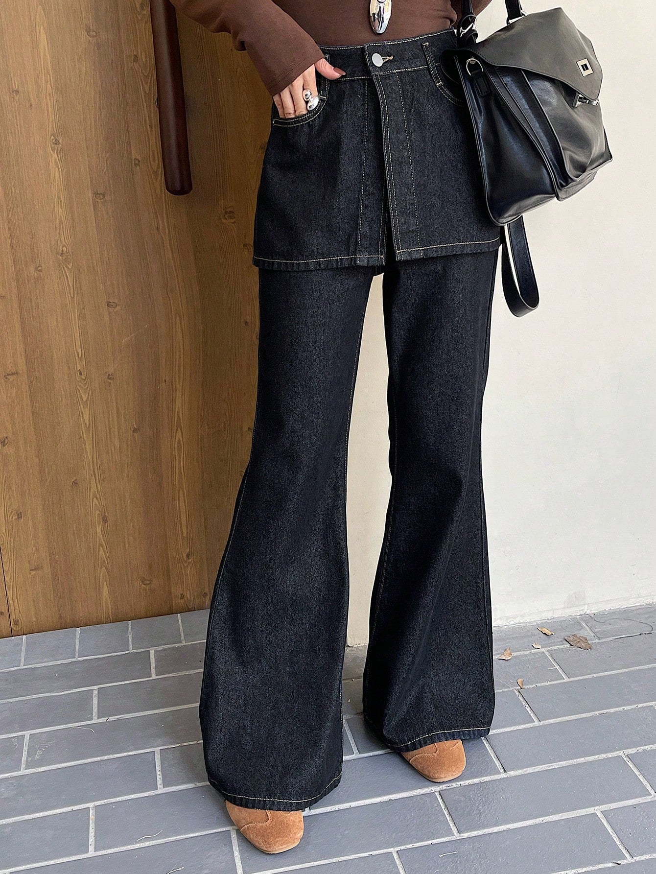 DARK WASH DENIM FLARE PANTS WITH SKIRT PANEL – JAPANESE STREETWEAR LAYERED STYLE
