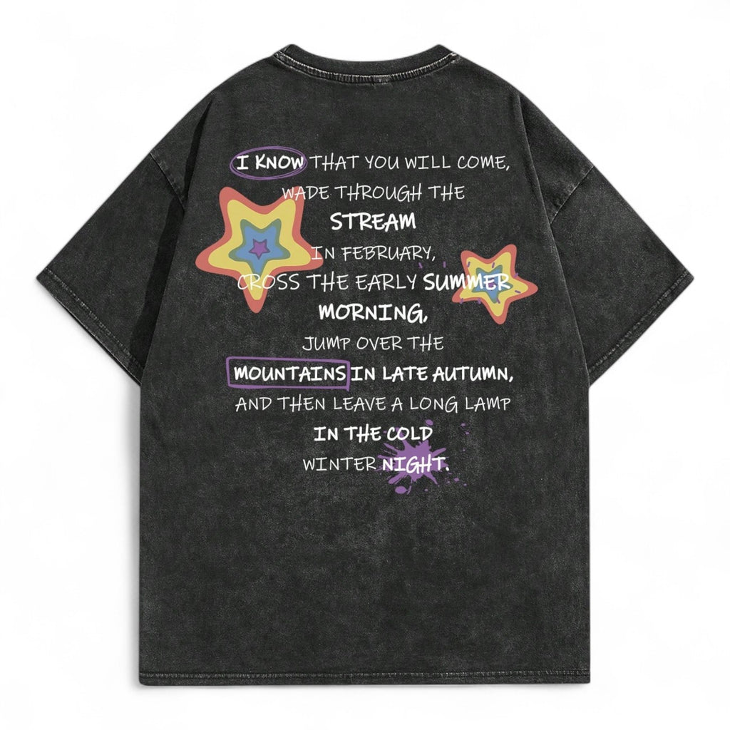 Japanese Aesthetic Slogan T-Shirt with Colorful Stars and “Winter Night” Poem on Black Cotton Fabric