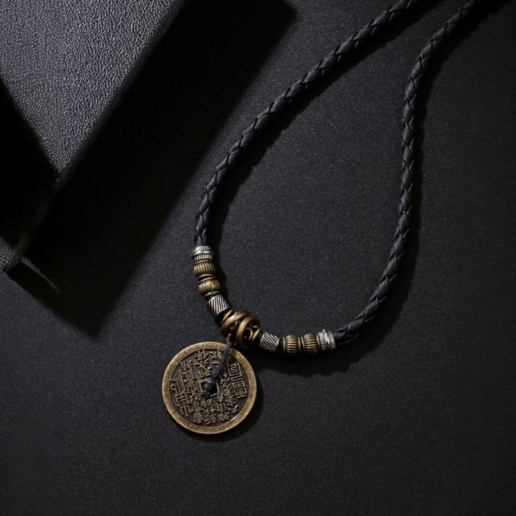 Men’s vintage coin pendant necklace with braided PU leather and antique metal beads, streetwear and retro tribal style

