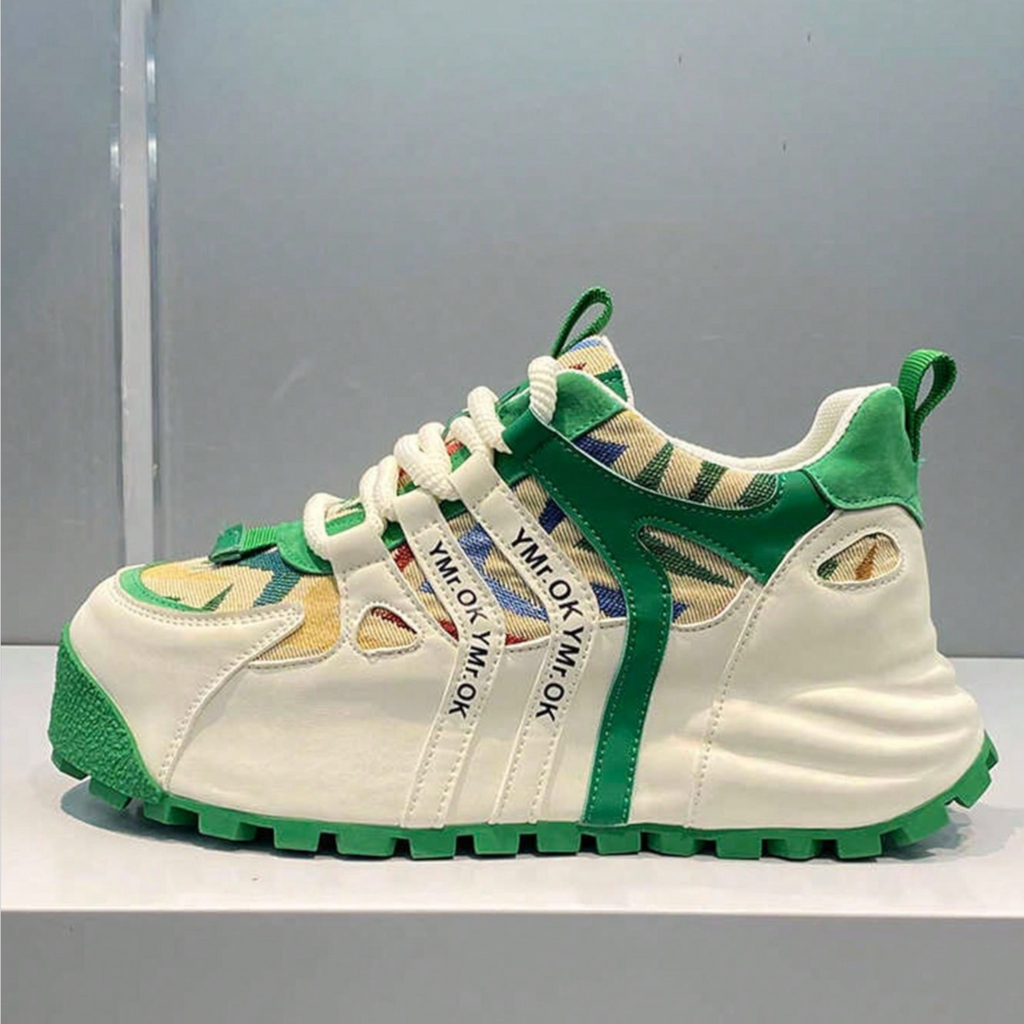 Japanese streetwear green and cream chunky sneakers with flatform sole and PU leather details