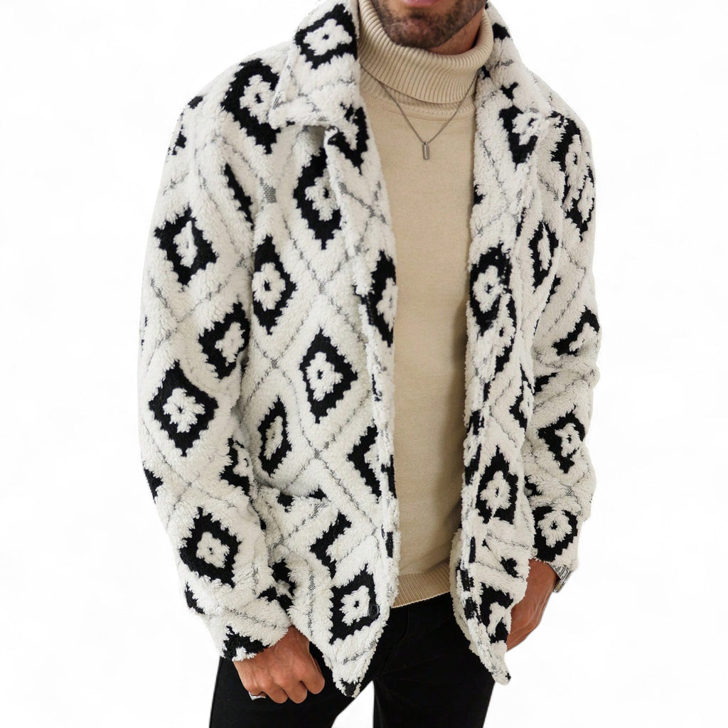 Japanese streetwear teddy jacket black and white geometric oversized winter coat