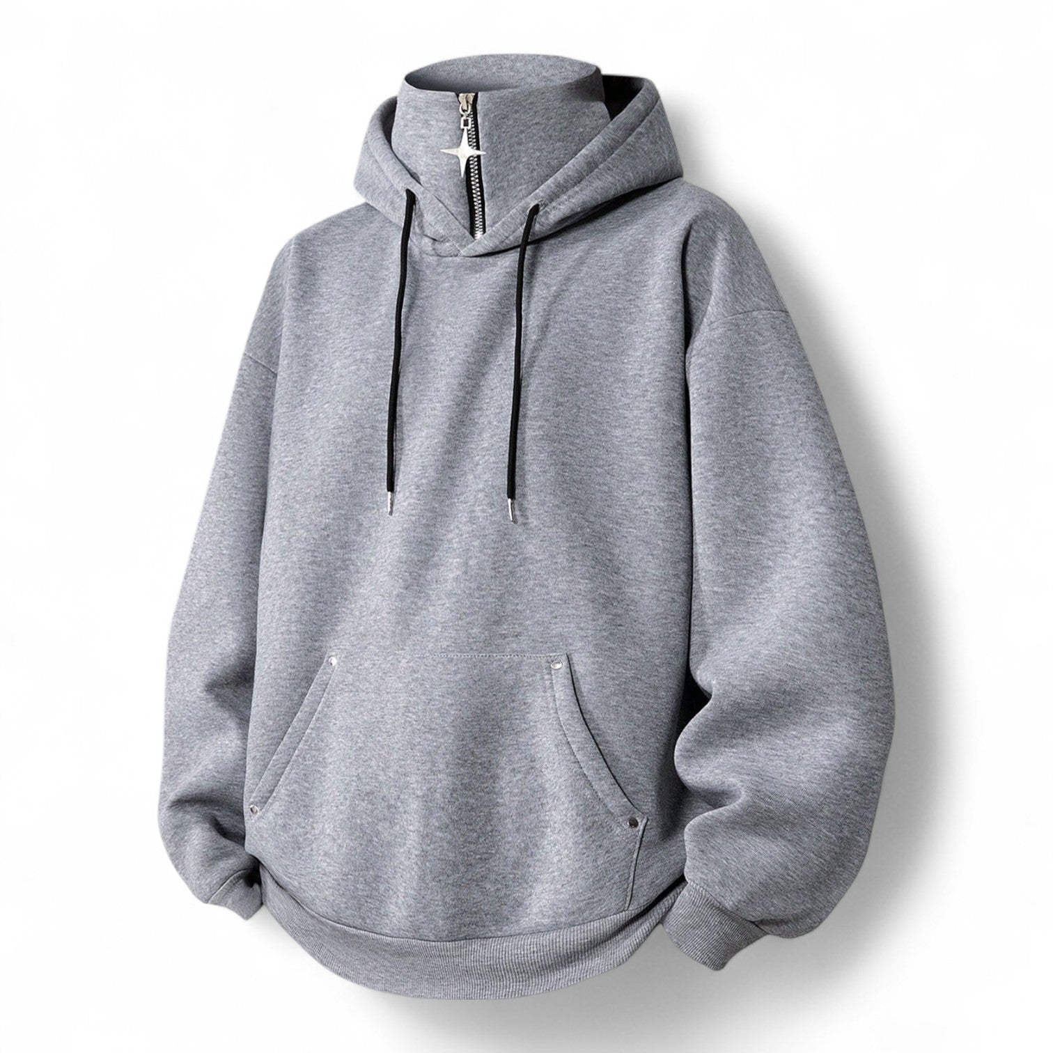 Grey streetwear hoodie with zip-up neck and kangaroo pocket – Japanese minimalist pullover sweatshirt