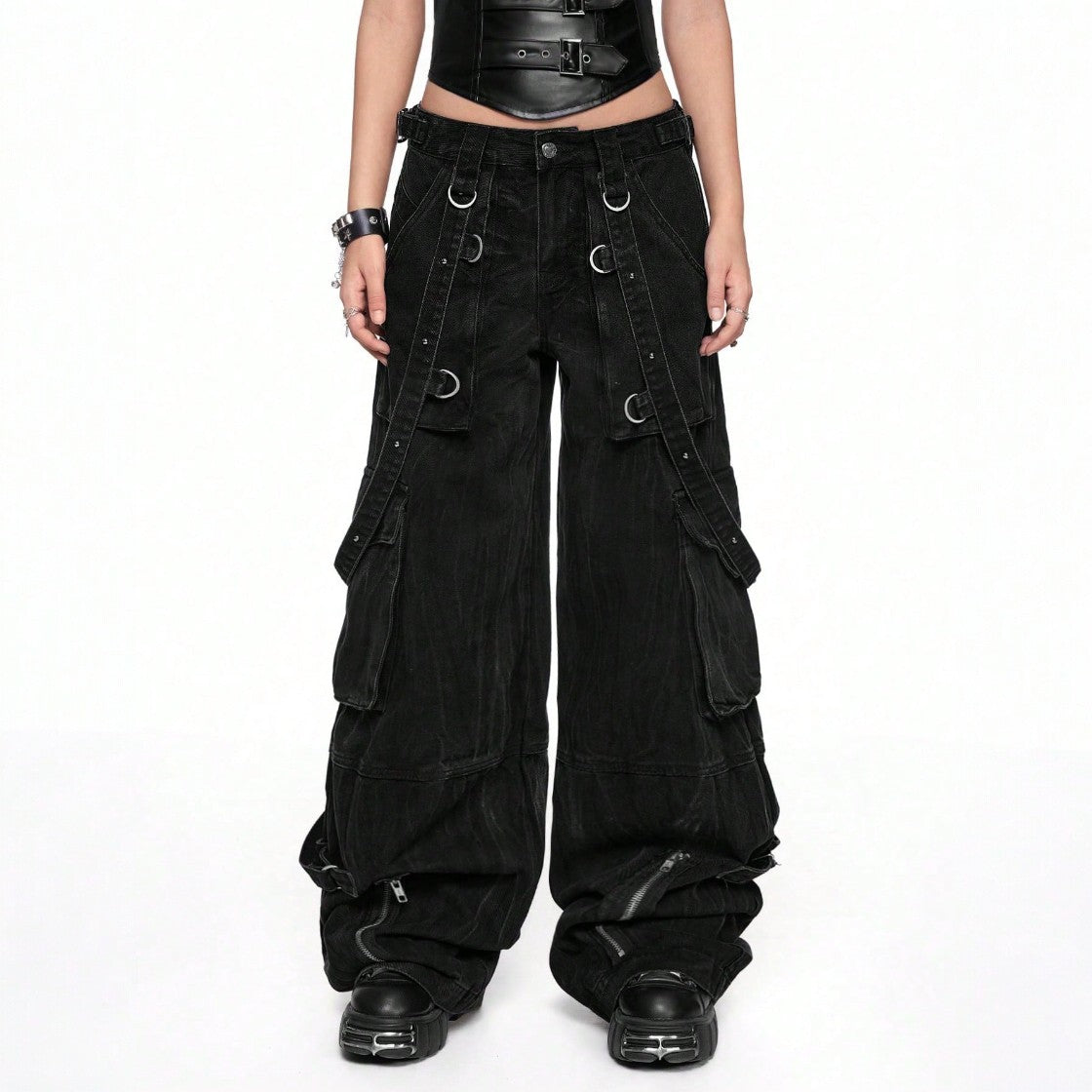 BLACK GOTHIC STRAP CARGO PANTS – JAPANESE STREETWEAR WIDE-LEG DENIM