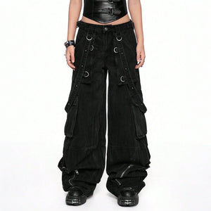 BLACK GOTHIC STRAP CARGO PANTS – JAPANESE STREETWEAR WIDE-LEG DENIM