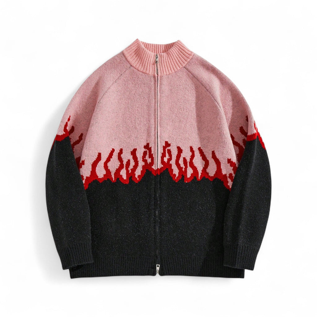 Japanese streetwear flame zip cardigan in black and pink with red fire graphic, punk gothic knit sweater