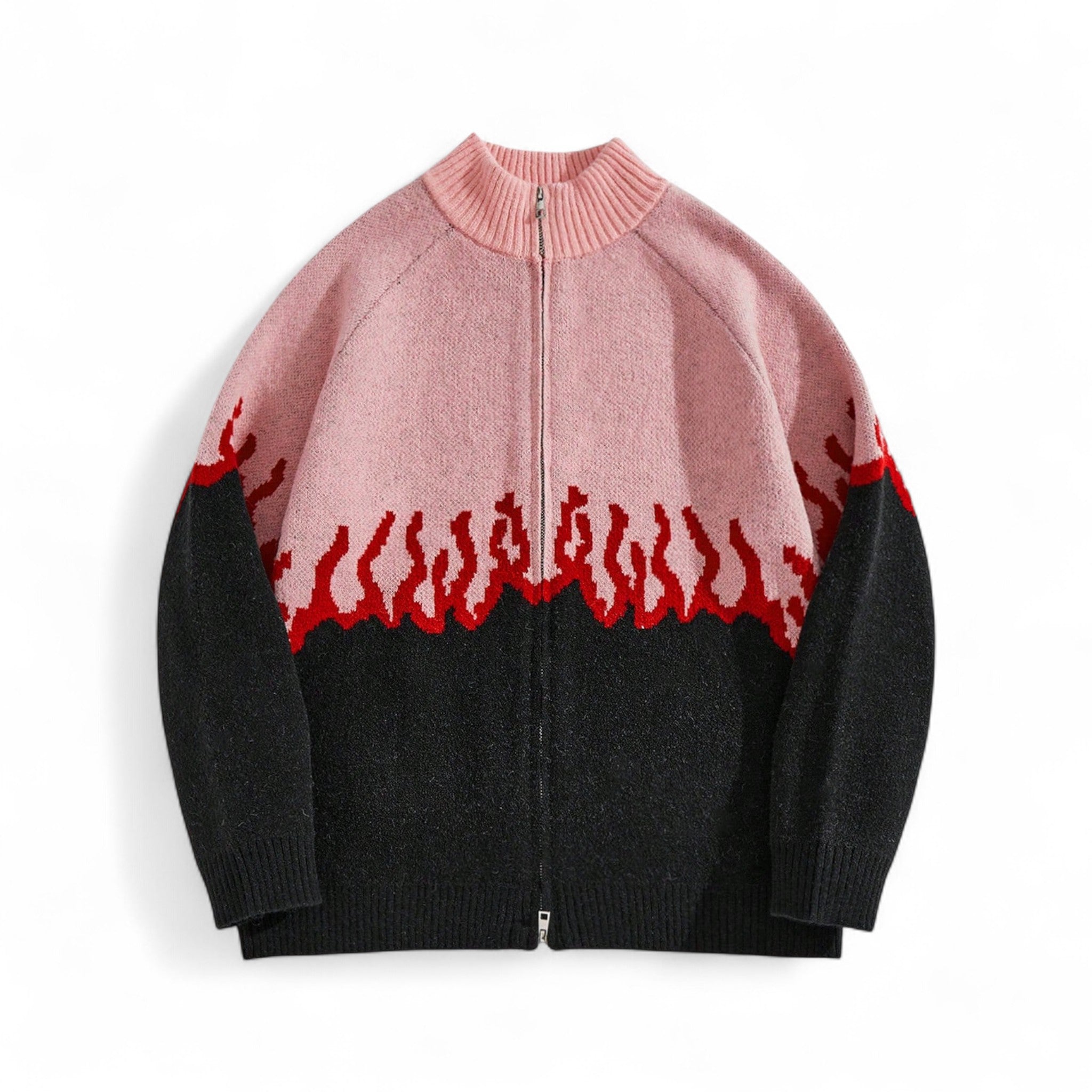 Japanese streetwear flame zip cardigan in black and pink with red fire graphic, punk gothic knit sweater