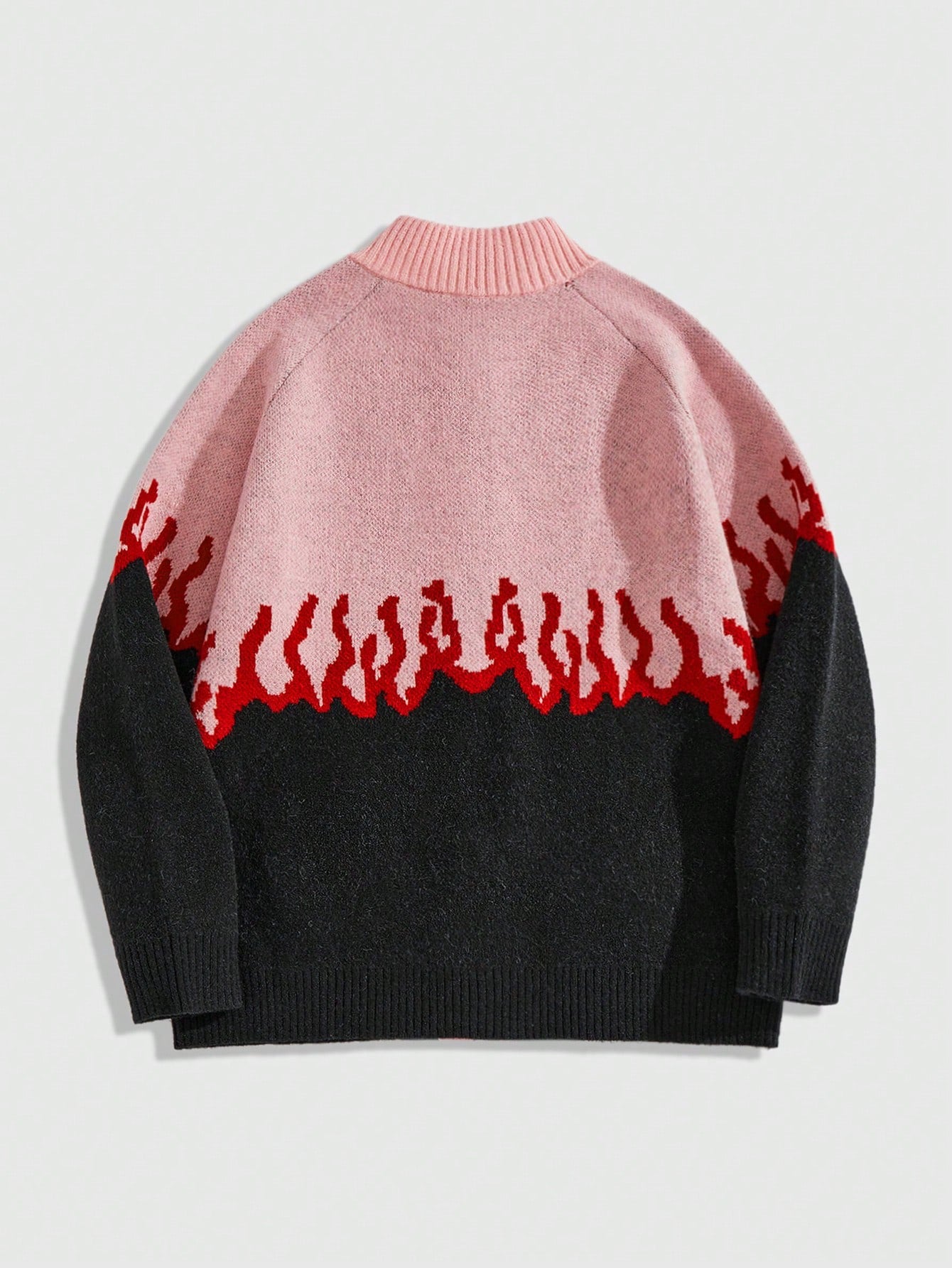 Japanese streetwear flame zip cardigan in black and pink with red fire graphic, punk gothic knit sweater