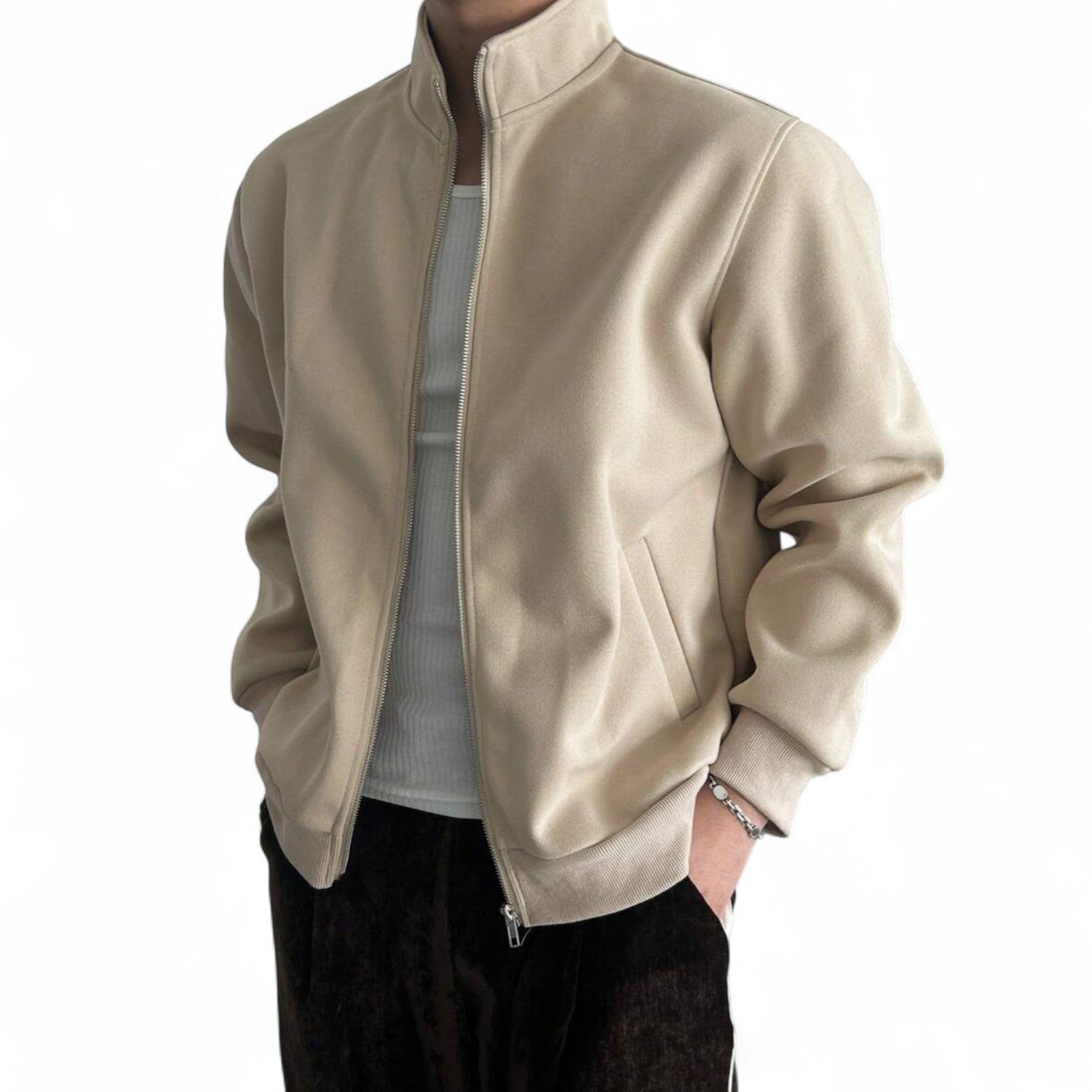 Beige minimalist bomber jacket with zip-up front and rib-knit cuffs – Japanese streetwear casual style