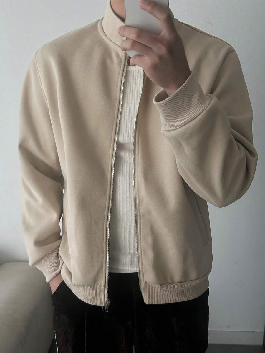 Beige minimalist bomber jacket with zip-up front and rib-knit cuffs – Japanese streetwear casual style